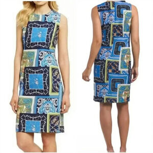 J. Mclaughlin, Belinda Blue Equestrian Heraldic Patchwork Sheath Dress, Size 4